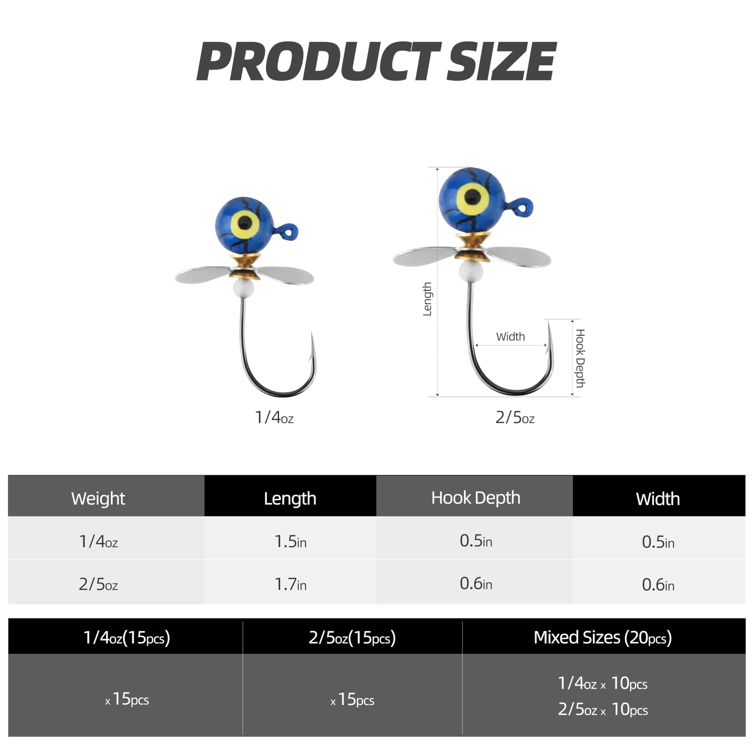 Propeller Jigköpfe gemischtes Set – 15 Stück Angel-Jigköpfe mit Spinnblättern, 4 Größen, scharfe Haken, für Süß- und Salzwasser