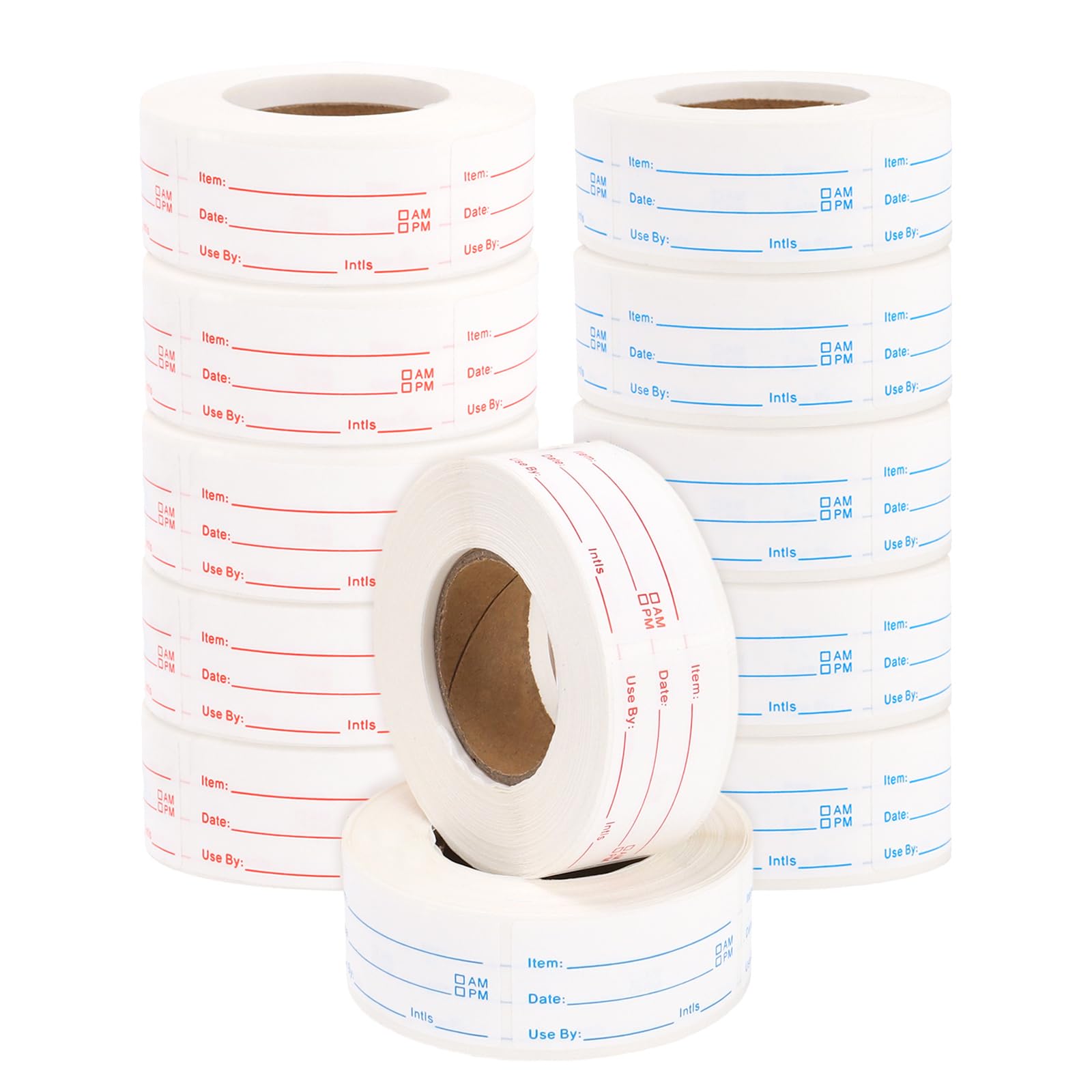 SINJEUN 12 Rolls 6000 Pieces Food Labels Stickers, 1 x 2 Inch Removable Food Labels, Freezer Label for Meal Prep Containers Jars, Red and Blue