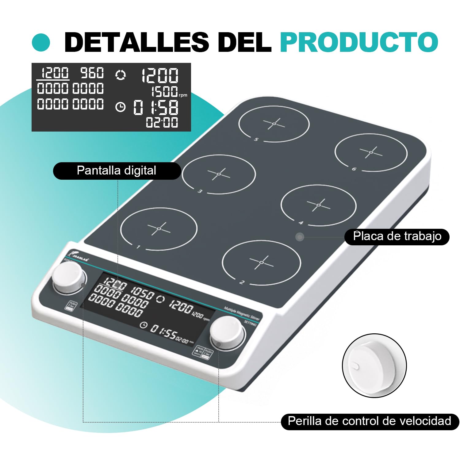 JOANLAB Agitador Magnético Digital 6 Posiciones, Modos Sinc/Asinc, 50-1500 RPM, Temporizador, Capacidad 6x500 ml, para Laboratorio(MMS6PRO)