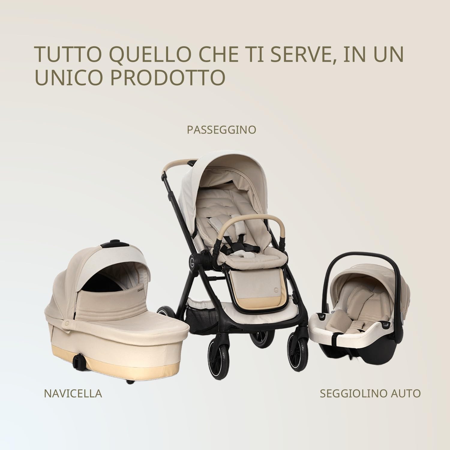 Giordani Trio Sistema Modulare G-Comfort, Passeggino Chiusura Automatica Fronte Mamma Strada 0-22kg, Navicella e Seggiolino Auto con Tasti Memory, Ruote Ammortizzate e Fibbia Magnetica