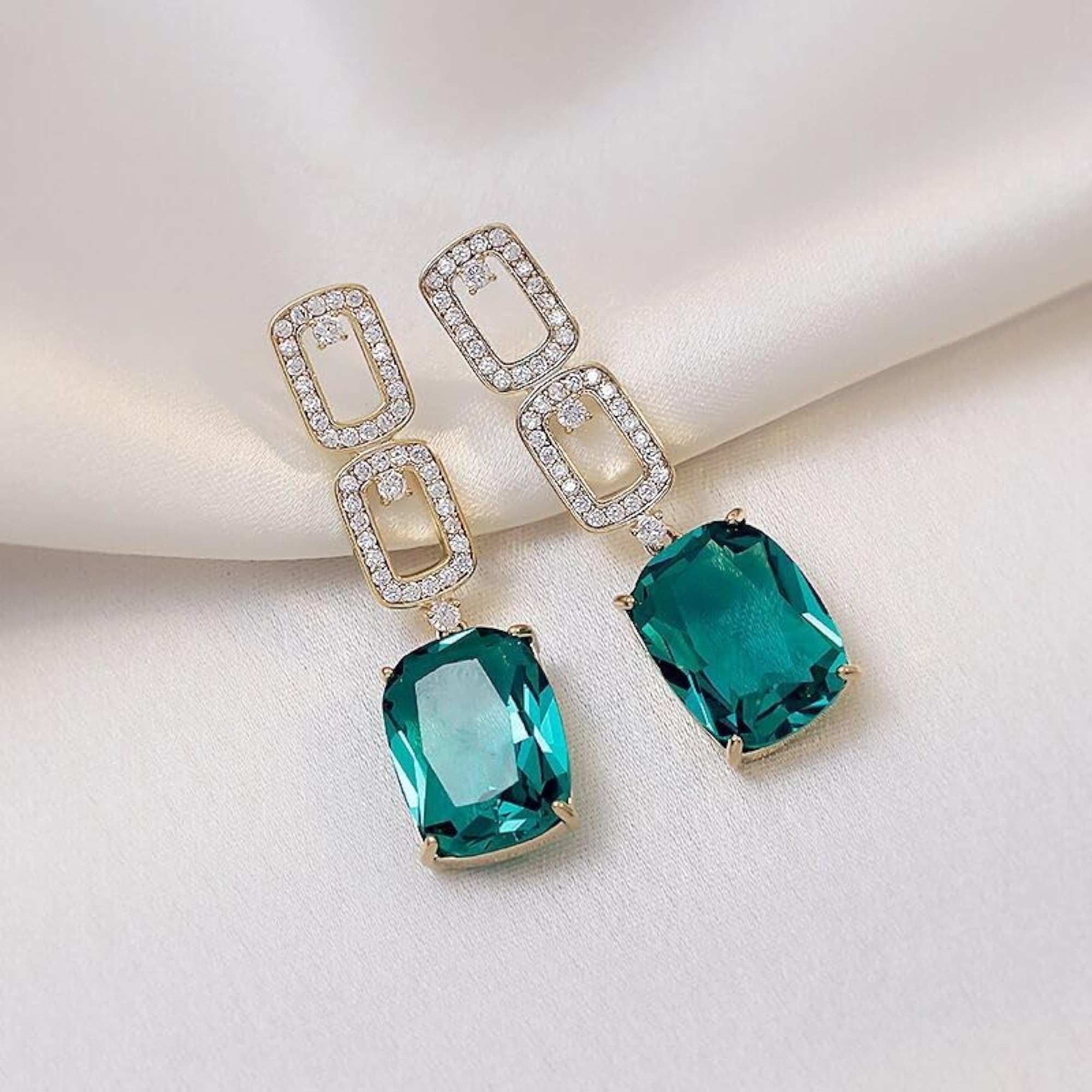Gold Plated Ocean Green Zircon Emerald Luxury Earrings