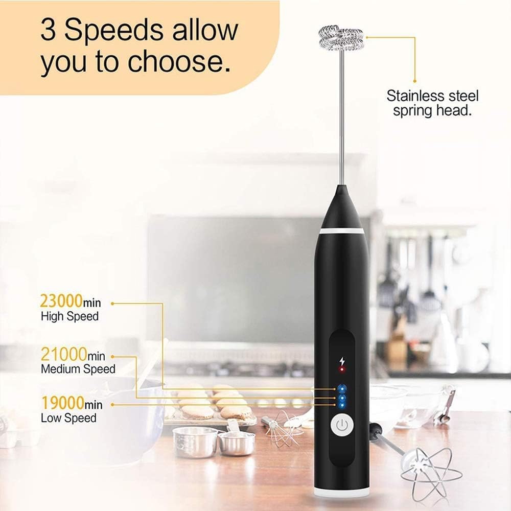 Batteur à œufs électrique à 3 vitesses, mélangeur à café, lait, mousseur à mousser, mélangeur à main rechargeable