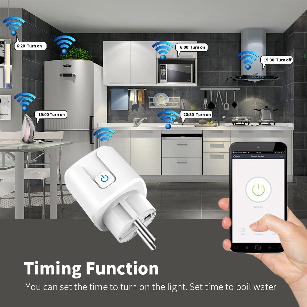 WLAN Steckdose mit Strommessung, 16A, Smart Plug, kompatibel mit Alexa & Google Home, App-Fernbedienung, Zeitschaltuhr, 2,4 GHz, Tuya/Smart Life (Grün 4 PACK)