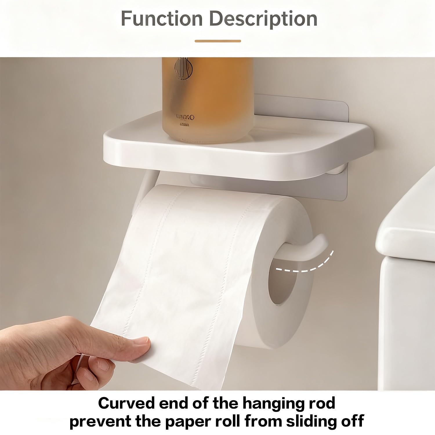 Self Adhesive Toilet Paper Holder with Shelf, No Drill Wall Mounted Bathroom Tissue Holder, Sticky TP Roll Holder with Phone Shelf for RV, White — Amazon image 2