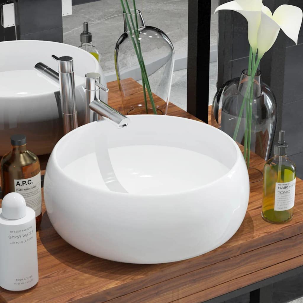Lavabo rond en céramique blanche 40 cm pour salle de bain moderne