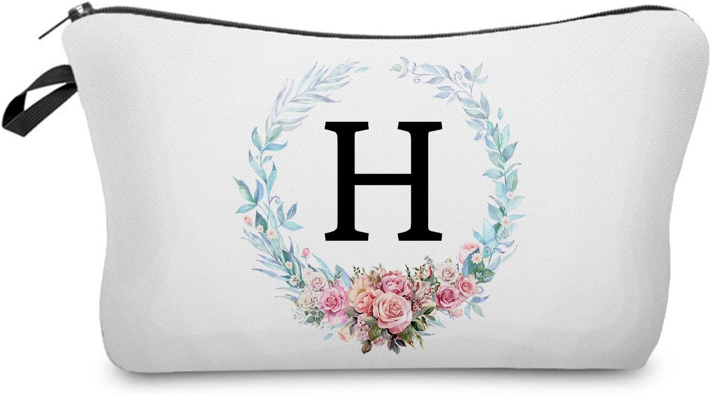 A-Z Floral Personalized Monogrammed Makeup Bag with Zipper Travel Toiletry Pouch Birthday Wedding Presents for Bride Bridesmaid Simple Floral Cosmetic Bag for Women (Capital H)