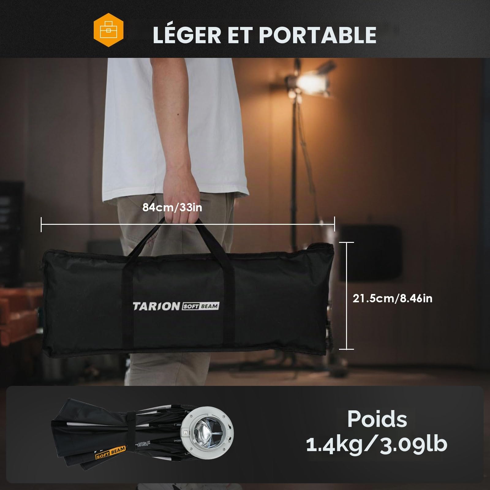 TARION Softbox Octogonal Montage Rapide - Softbox Bowens 120cm Pliable avec Grille Double Diffusion pour Photographie Studio vidéo OC-120F SOFTBEAM