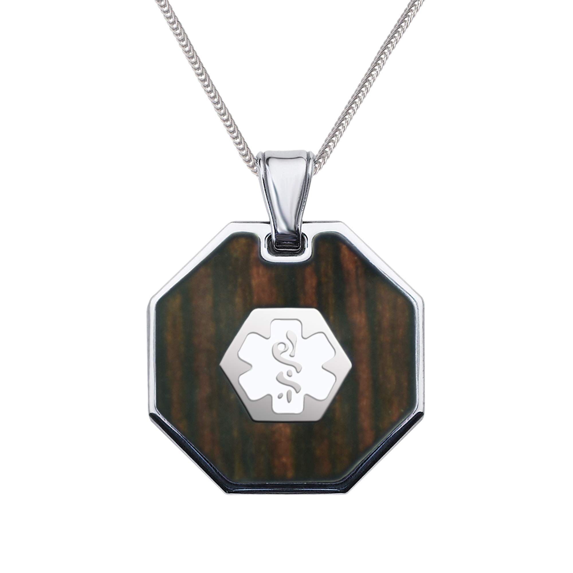 DivotiCustom Engraved Stainless Steel Medical Alert Necklace for Men, Dark Wood Inlay Medical ID Necklace, Medical Pendant Tag w/Free Engraving- 24/28" Various Chain-Color Options