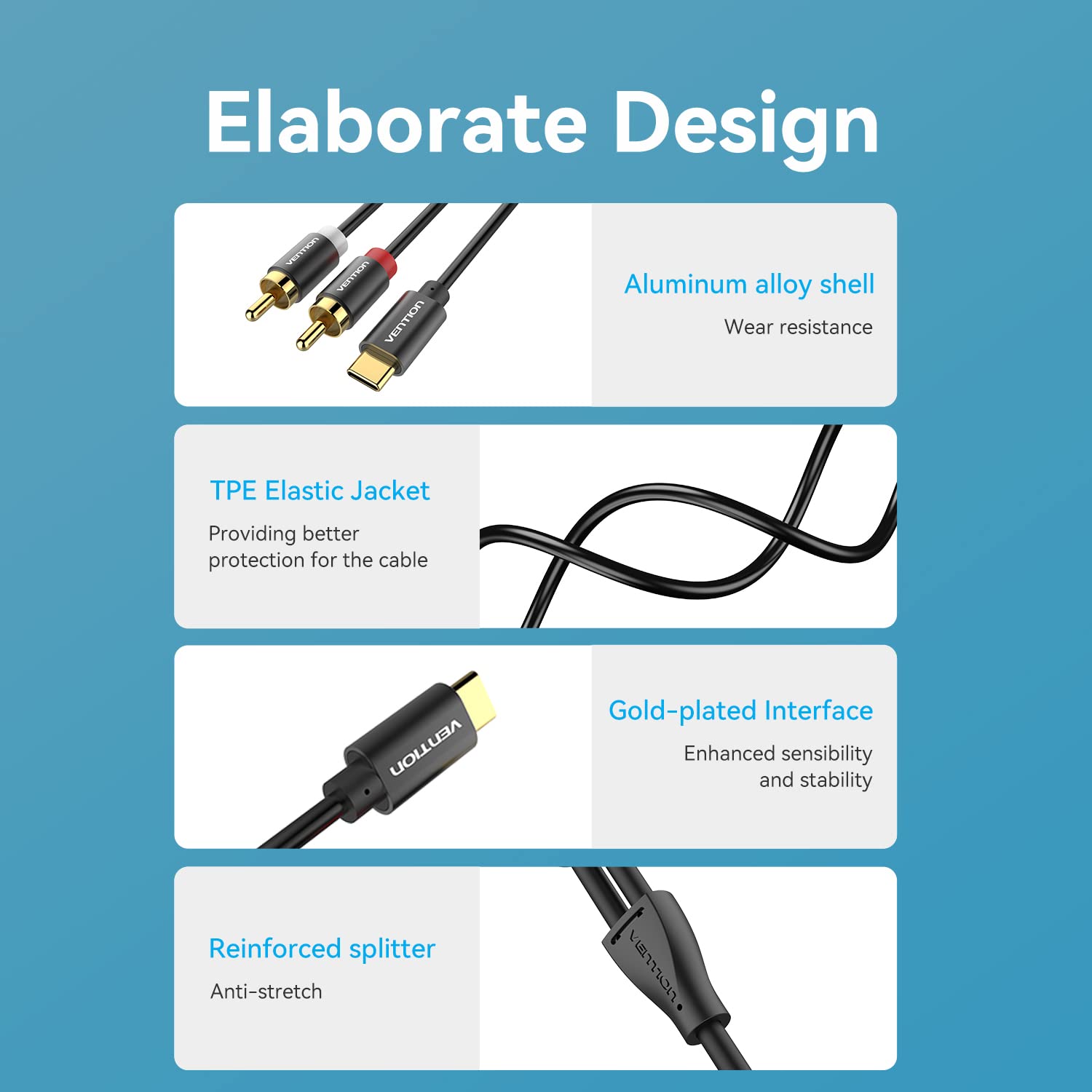 VENTION Cavo audio da USB C a 2X RCA Cavo adattatore stereo di tipo C a 2RCA,doppio cavo con spina RCA a Y per telefono,tablet,altoparlante,amplificatore,DVD,TV(3.28FT/1Metro) (6.56FT/2Meter)