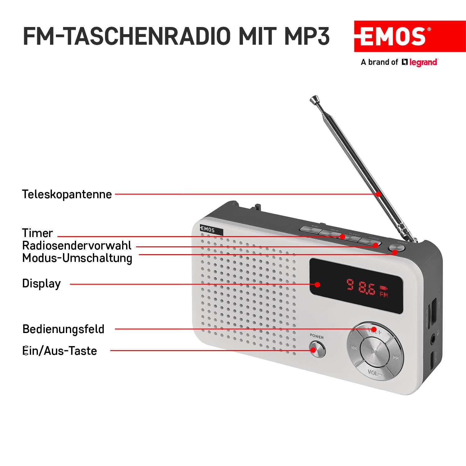 EMOS - tragbares digitales FM-Radio und MP3-Player mit Akku + USB-C Kabel - teleskopische Antenne, FM 88–108 MHz - USB-Port, Micro-SD-Karten-Slot, Kopfhörer-Anschluss - weiß/grau, Batteriebetrieben