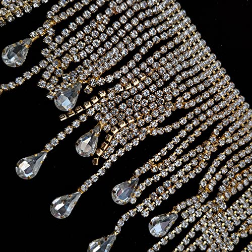 Holoyatt 1 Yard Bling Bling Gold Rhinestone Chain Applique Costume Sewing Trims Applique Embellishment Wedding Dress Decorationg 1Yard (Clear Color With Gold Base) #TOP29