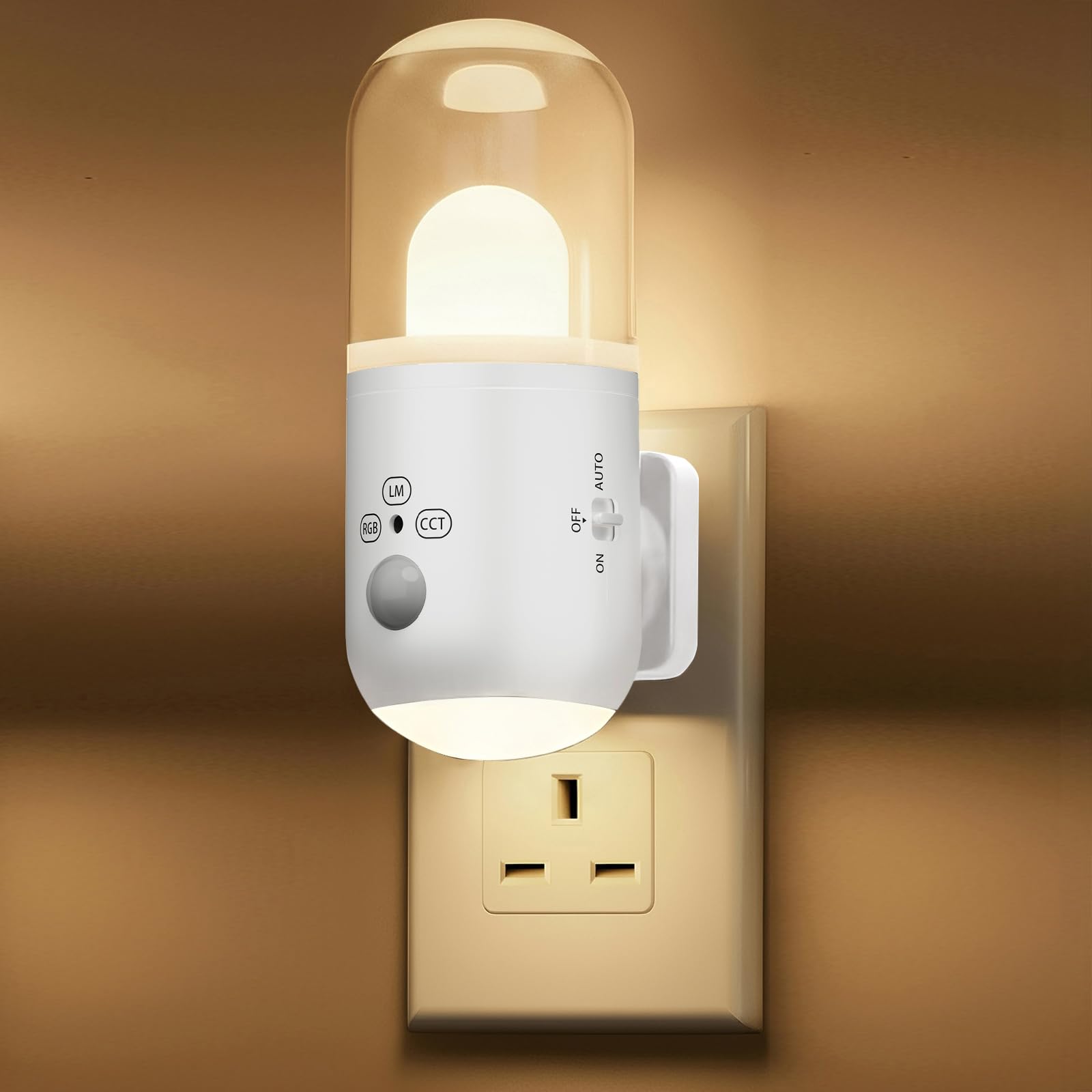 SuglanBee Night Light Plug in Wall with Motion Sensor & Dusk to Dawn Sensor, 3 Color Temperatures,5-Level Dimming (20-240 LM) RGB LED Night Light for Bedroom, Hallway, Stairs (White 1pcs)