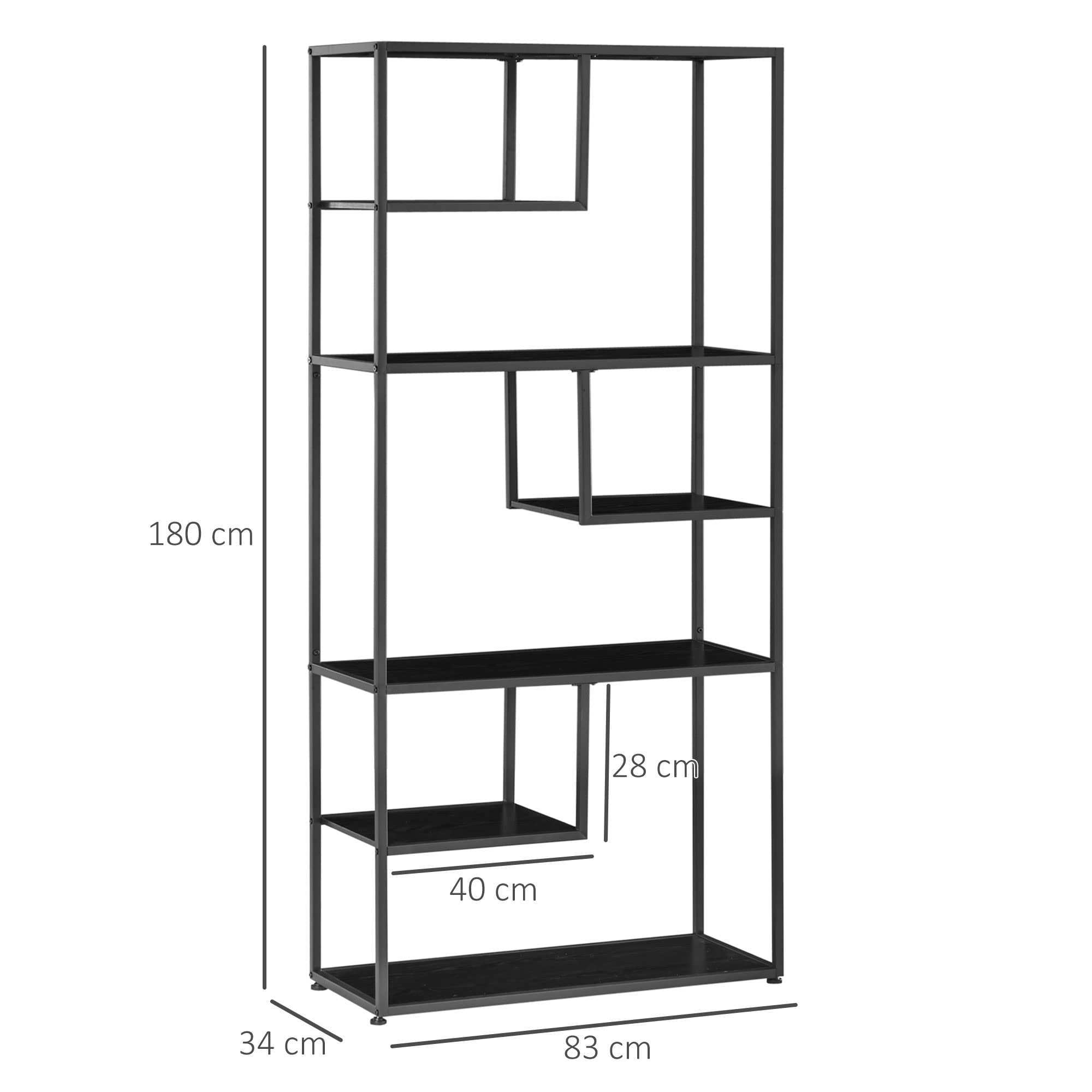 HOMCOM Libreria Scaffale a 7 Ripiani, Libreria Verticale Salvaspazio, Struttura in Acciaio, Scaffale Portaoggetti per Soggiorno Camera da Letto Ufficio Studio, Industriale, 83x34x180 cm, Nero
