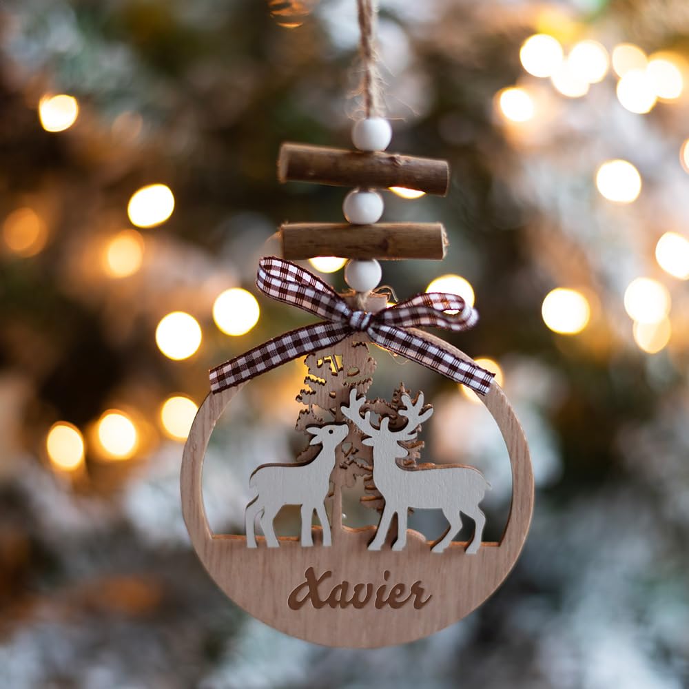 Transparent Gift Pack de Tres Adornos Personalizados de Madera para Árbol de Navidad con Nombre y Lazo Vichy. Bolas de Navidad para Personalizar. Bolas Navidad Personalizadas. Adornos Colgantes Madera