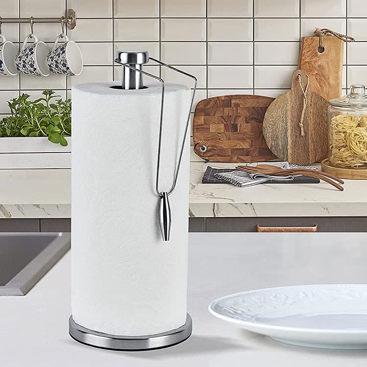 Paper Towel Holder Countertop Kitchen Stainless Steel Paper Towel Holder Standing with Steel Arm,Suitable for Kitchen, Restaurant and Outdoor Party（Silver）
