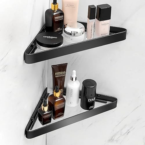 Miniatura 9 de VOLPONE Estantes de baño de acero inoxidable para montar en la pared, estante flotante de 2 niveles con ganchos extraíbles (níquel cepillado) Níquel