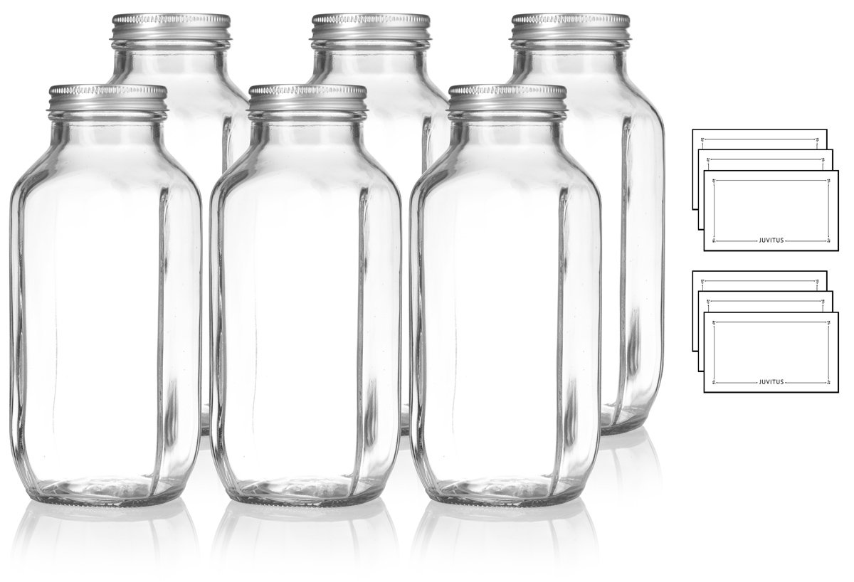 16 oz / 480 ml Clear Thick Plated Glass French Square Empty Bottle Jar with Metal Silver Lid (6 Pack) Perfect for Home, Travel, Juicing, Kombucha