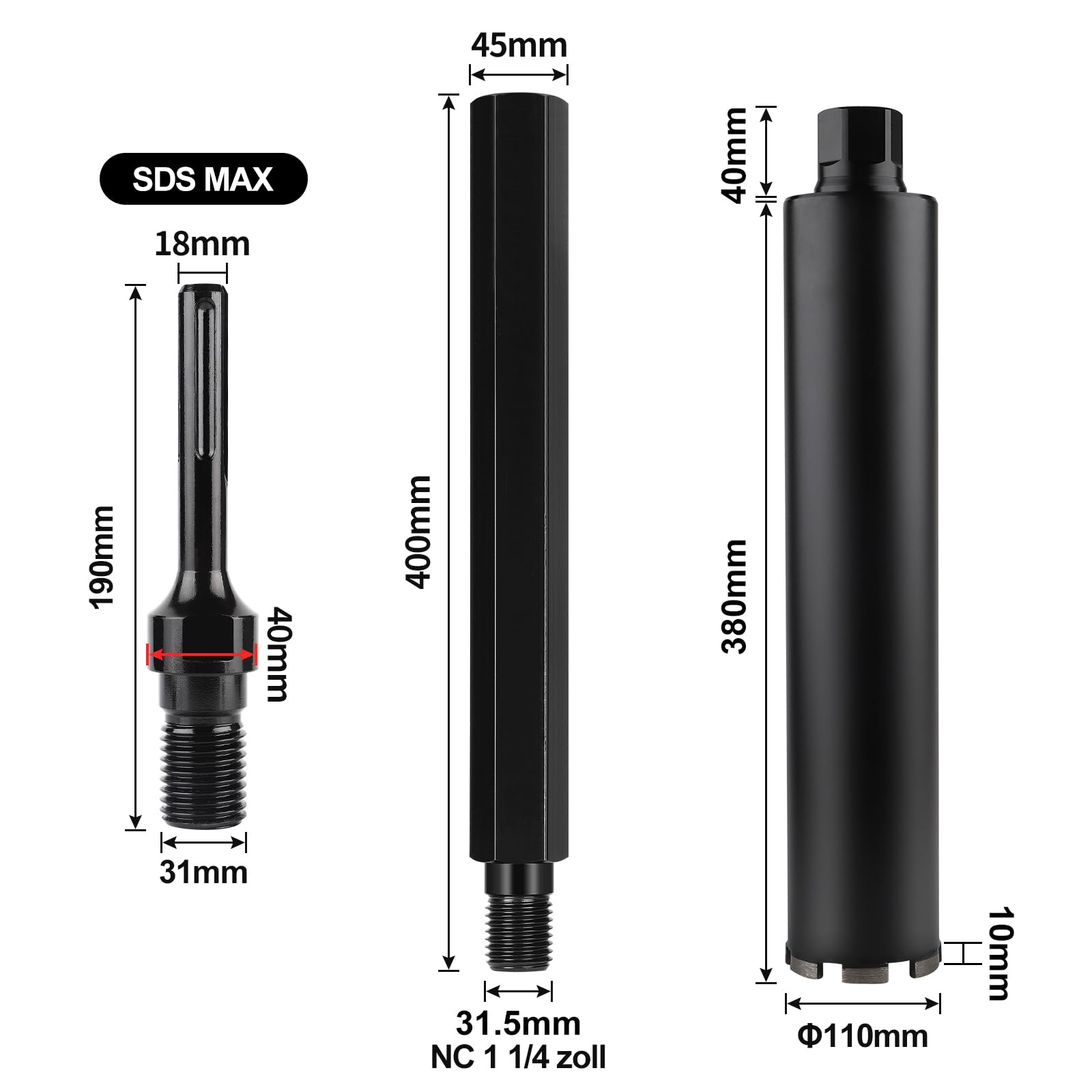 CPROSP 1¼" UNC 110mm Diamentowa korona wiertnicza z 400 mm przedłużeniem wiertła rurowego i adapterem SDS MAX, zestaw wierteł wiertniczych do wiercenia w betonie