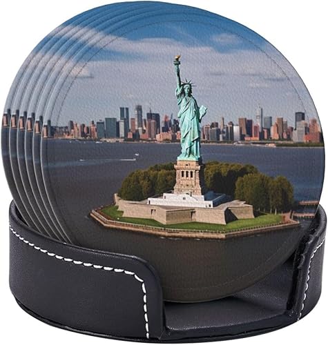 Miniatura 6 de Juego de 6 posavasos de cuero con soporte, diseño de Estatua de la Libertad en Nueva York, posavasos impresos para bebidas, posavasos redondos para