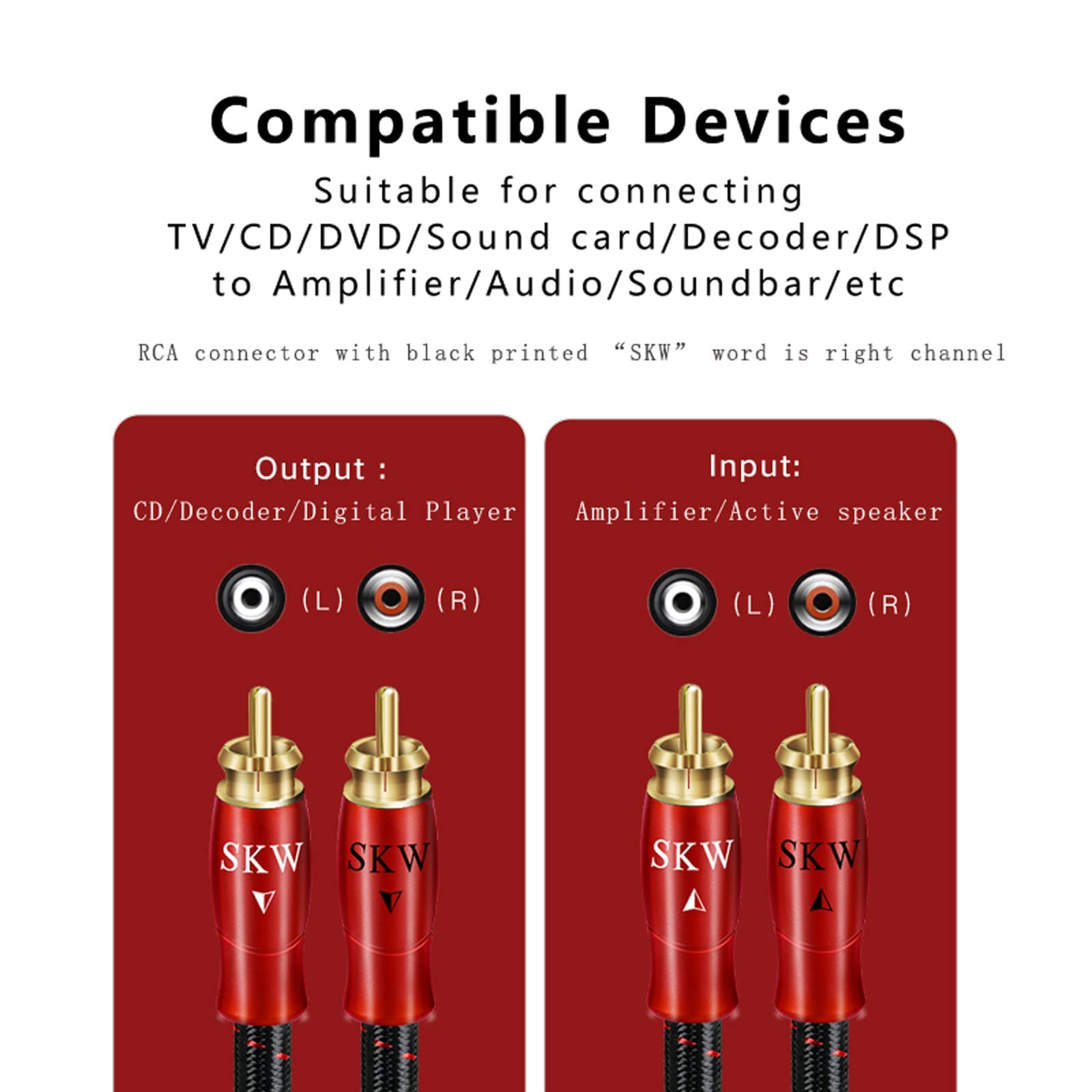 SKW RCA Cable, OFC Copper - Double Shielded 2RCA Male to 2RCA Male - Stereo Analog for CD, DVD, Amplifier, Sound Card, Decoder, Soundbar (2M, Red) - 5