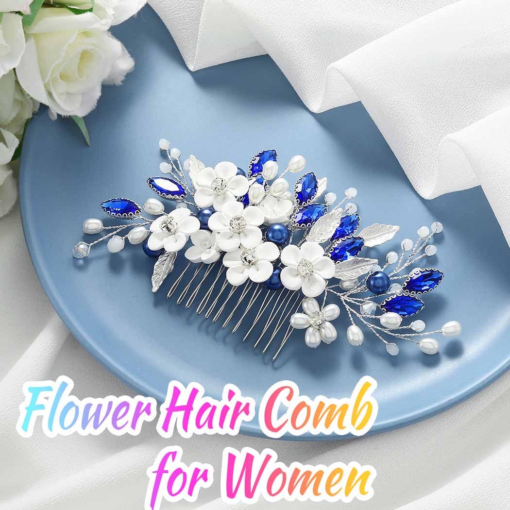 Unicra Bride Wedding Hair Comb Flower Hair Accessories Blue Crystal Rhinestone Headpiece Combs Side for Women and Bridesmaid - Image 4