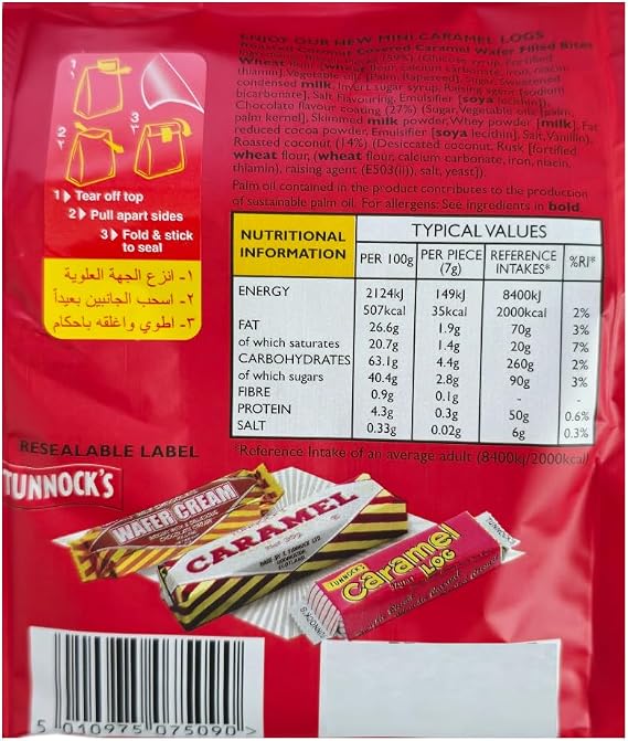 Tunnock's Mini Caramel Logs Pouch, Roasted Coconut Caramel Wafer Biscuits, 150g (2 Pack)