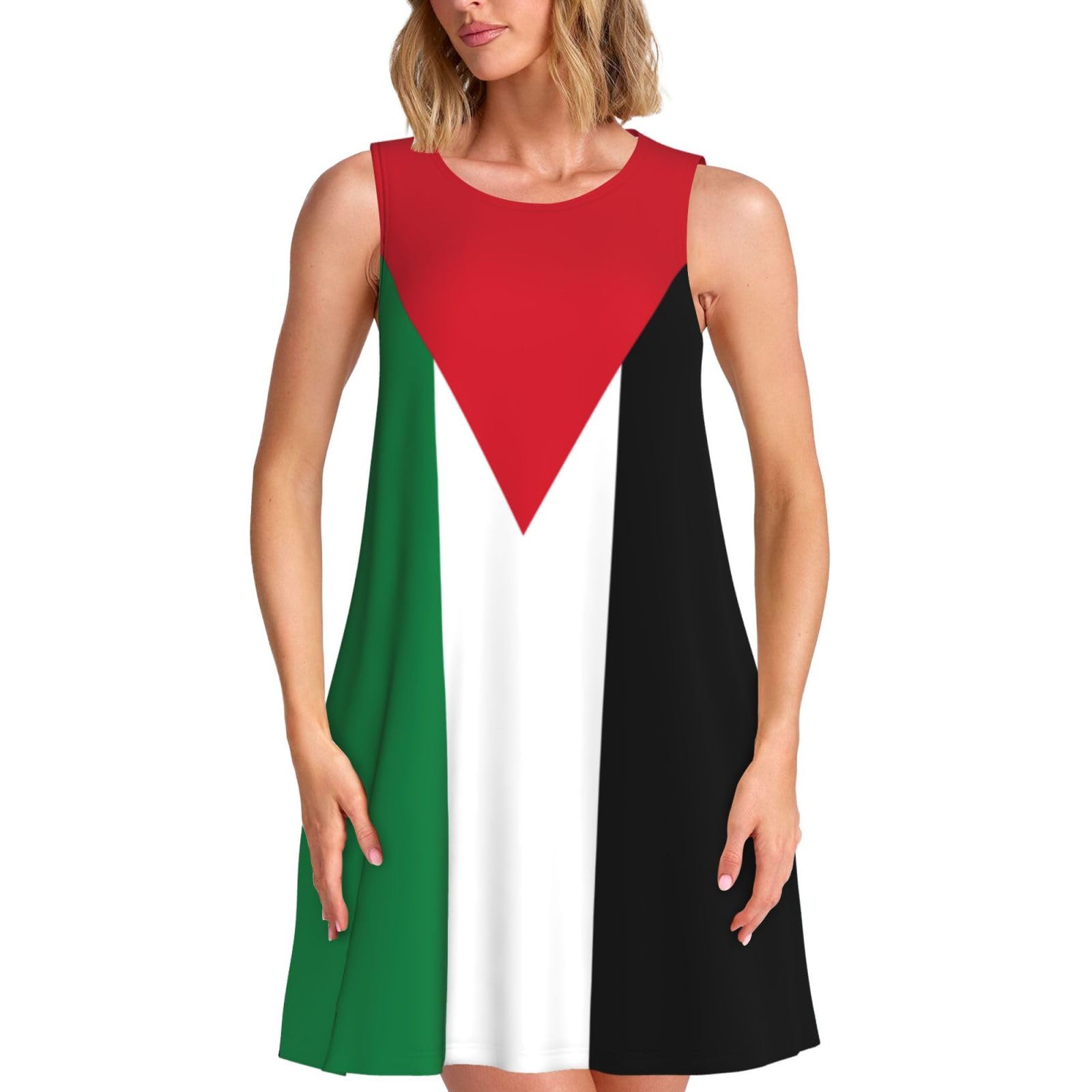 Palestine Flag1 Print Stylish Summer Dress for Women,Sleeveless A-Line Sundress with Pockets, for Beach Vacation, Black, M