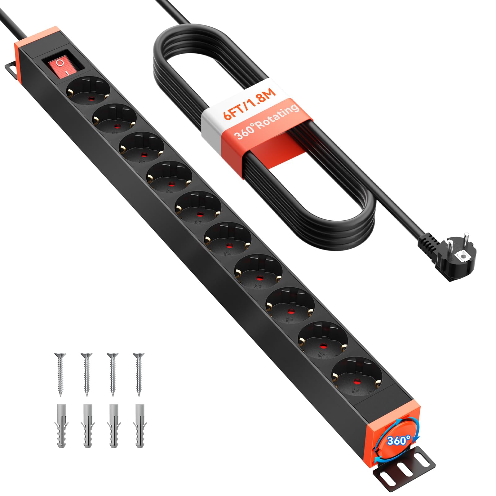 Regleta 10 Tomas con protección contra sobretensiones, Soporte 360° | Tomas a 45°, 16A/4000W, carcasa de aluminio, interruptor, cable 1,8 m, montaje en mesa, pared y bajo mesa