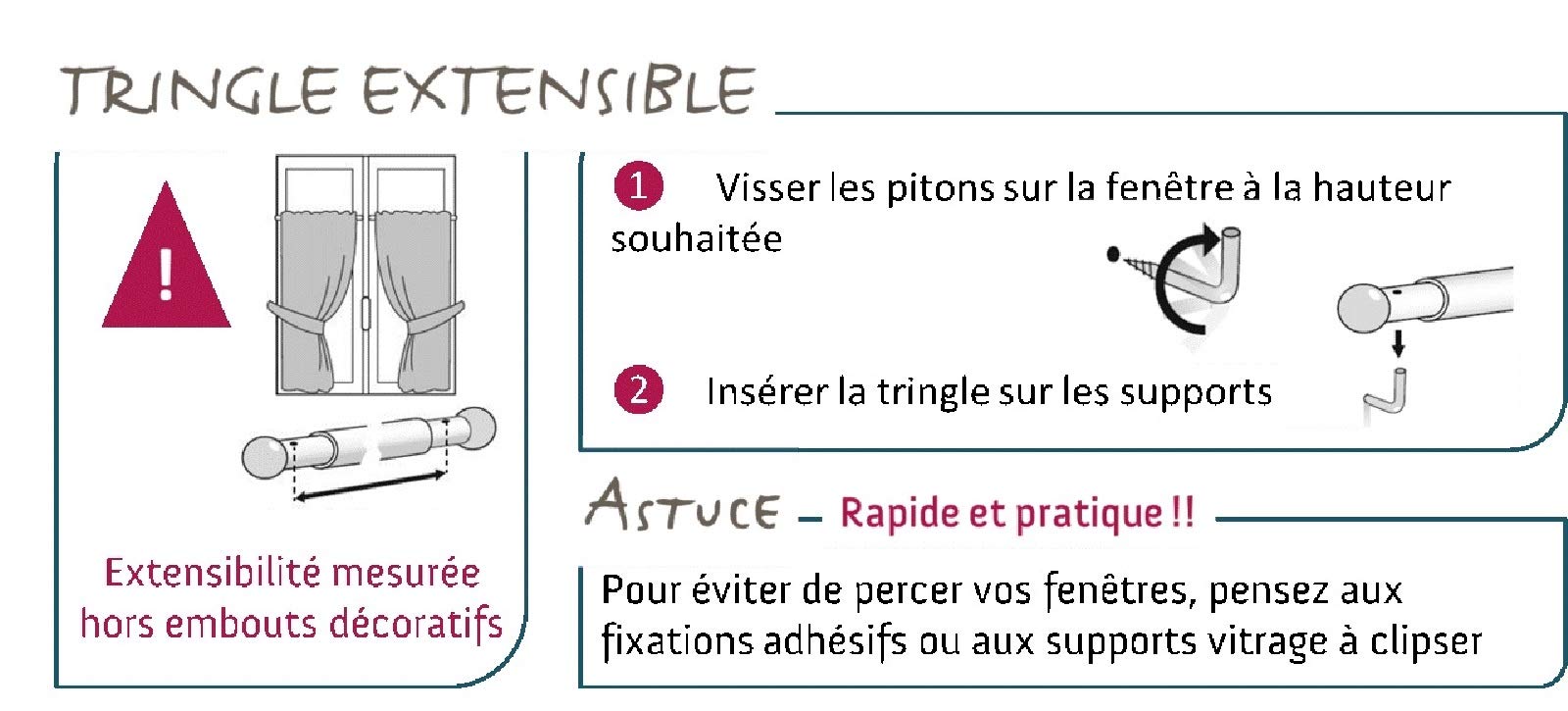 ATELIERS 28 2 x Tringle de vitrage Extensible avec Embout Boule - Ronde diamètre 7 - Métal (Noir, Black, 80 x 110 cm - Image 2