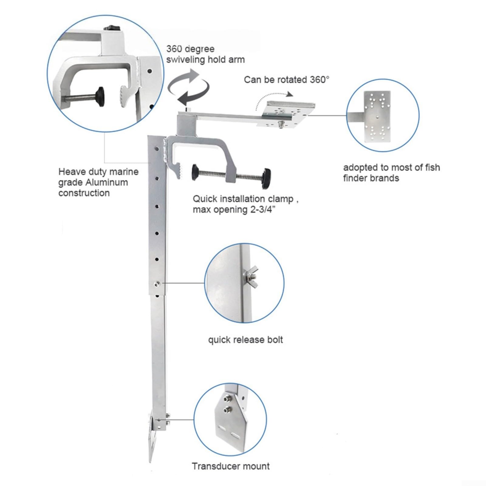 Soporte de aluminio para buscador de peces, barra de soporte ajustable, soporte de grado marino con placa inferior de múltiples agujeros para instalación de barco