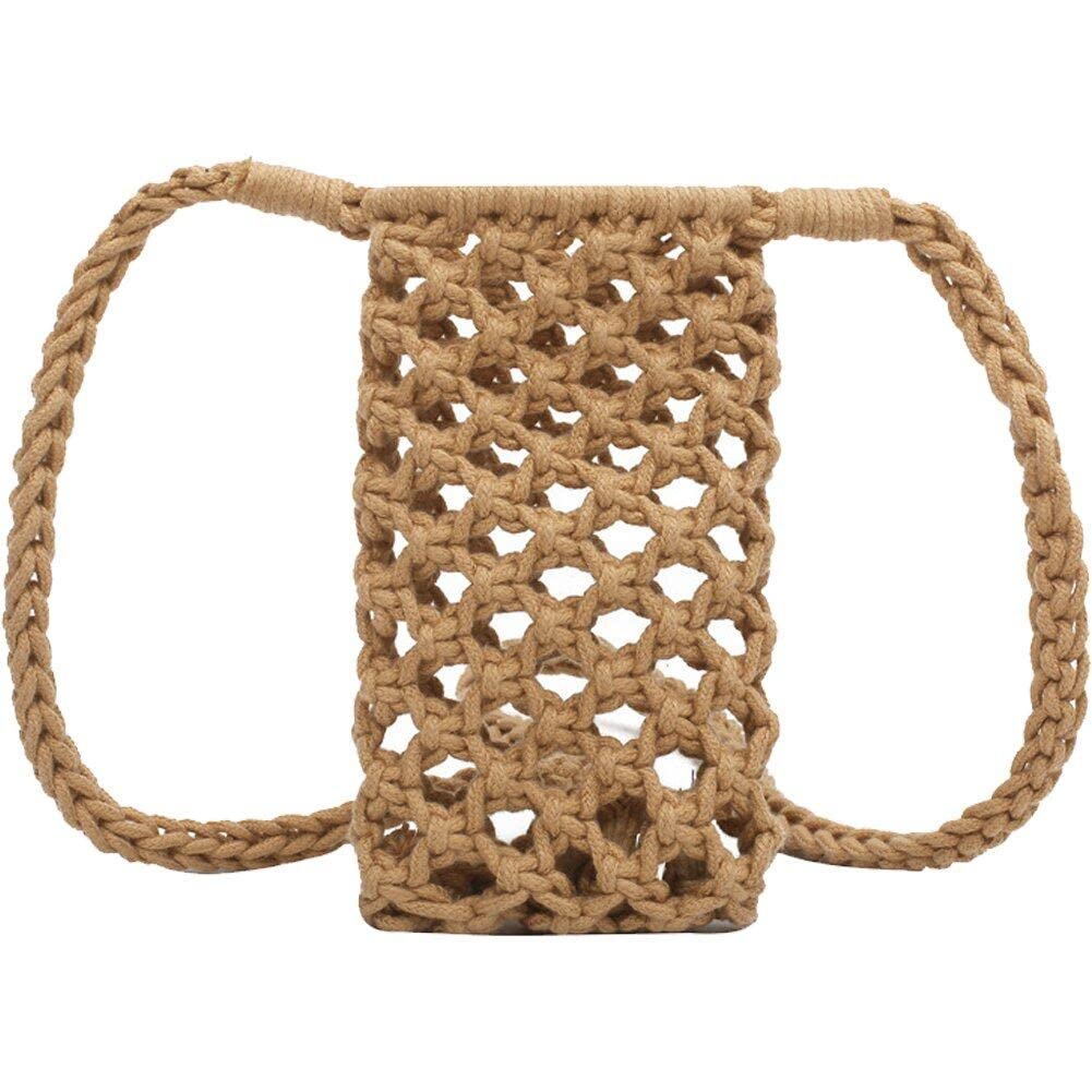 Danlai Women's Brown Small Crossbody Phone Bag Hollow-Out Woven Crochet Lightweight Braided Fashion Shoulder Handbag