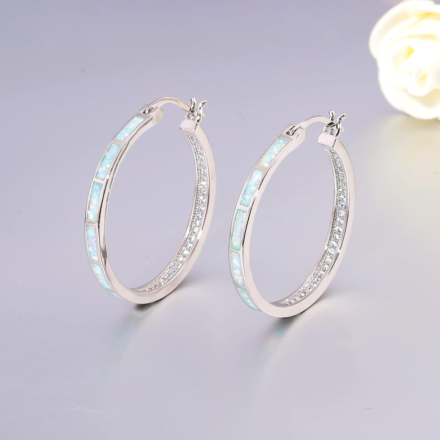 CiNily Opal Hoop Earrings,Women Jewelry Rhodium Plated/Rose Gold or Yellow Gold Plated Gemstone Big Hoop Earrings 32mm - Image 4