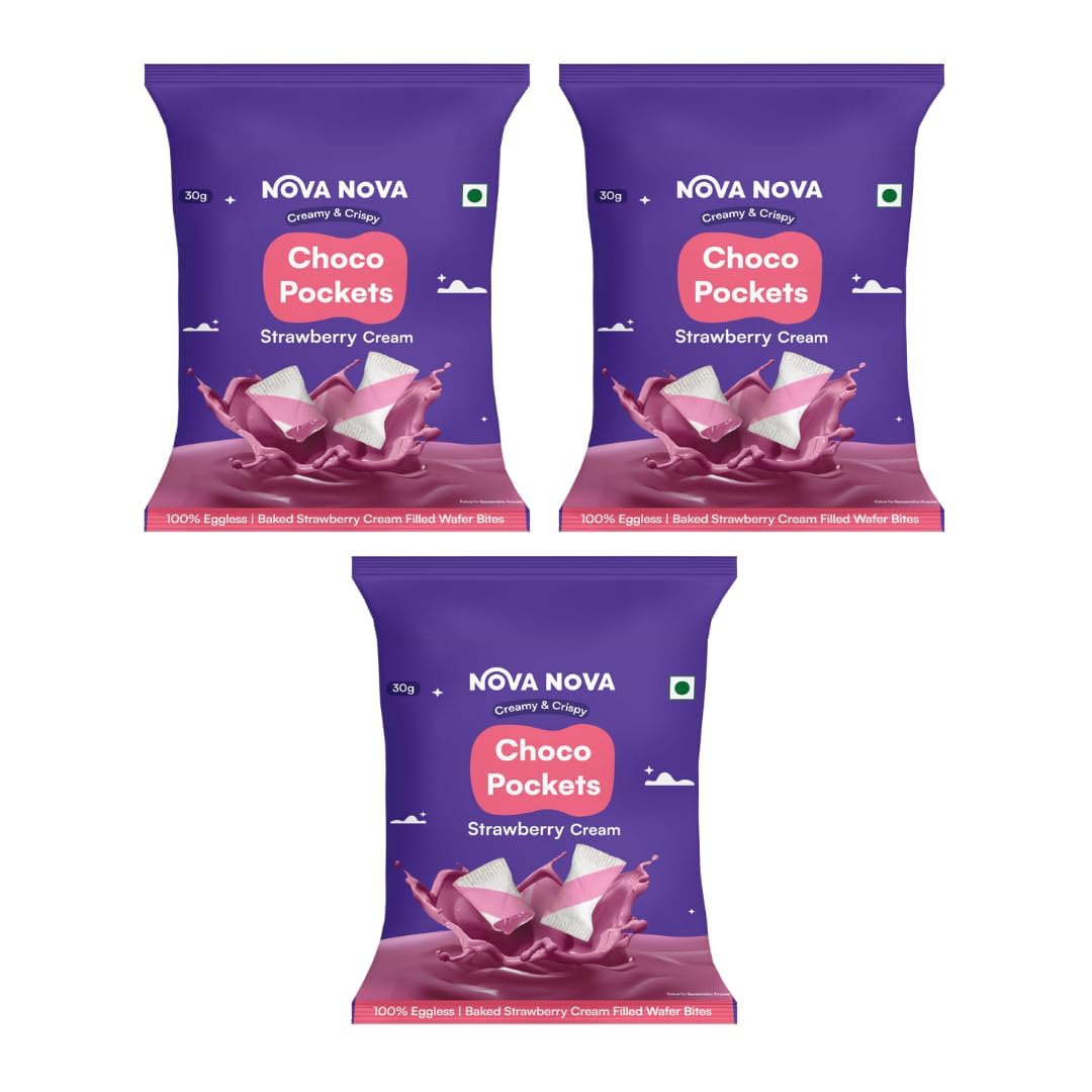 Nova Nova Choco Pockets | Strawberry Cream Filled Wafers | 100% Eggless (90g)