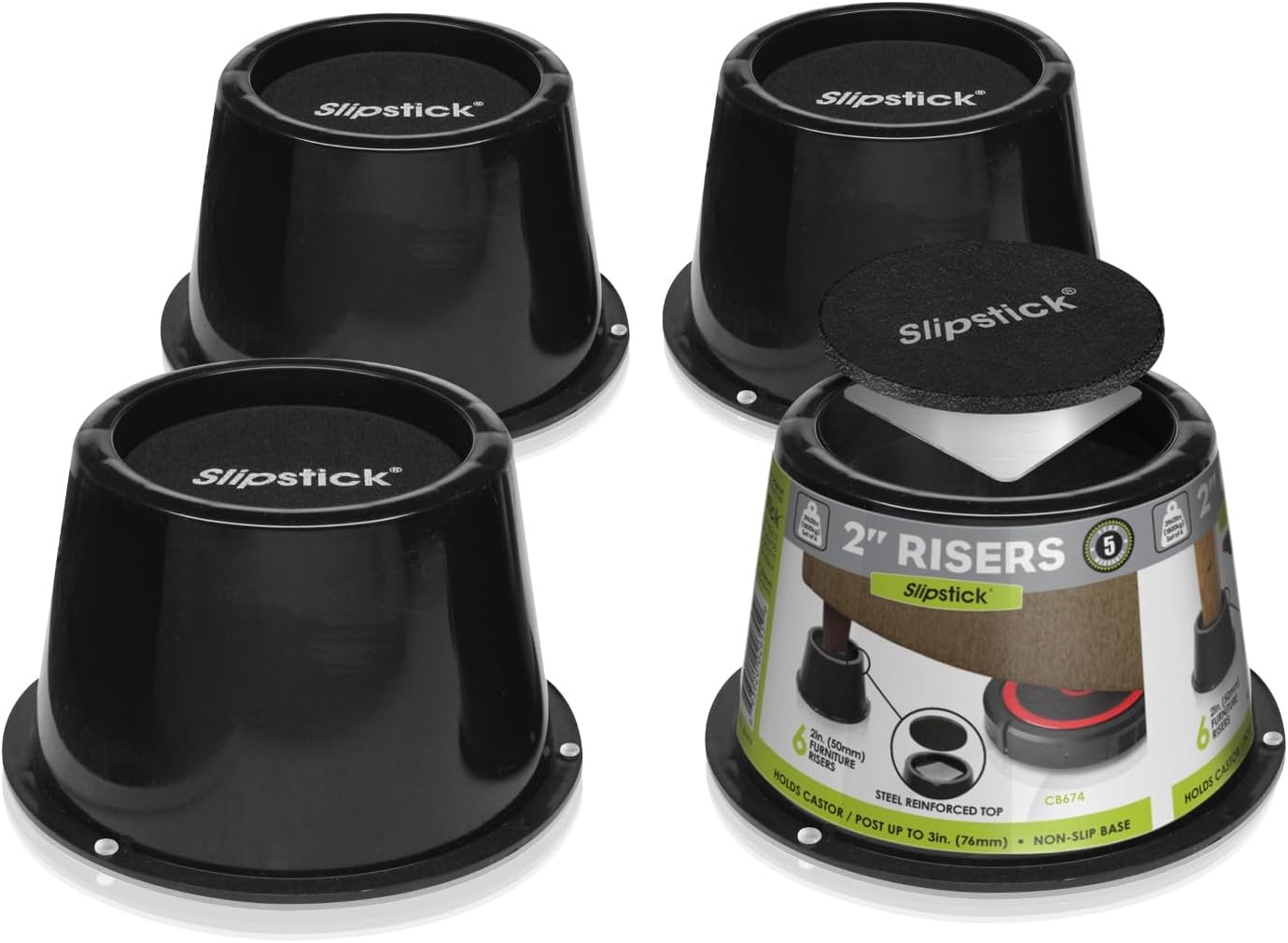 Slipstick CB674 Premium 2 Inch Furniture Risers/Bed Raisers with Steel Reinforced Top (4 Pack) Adds 2" Height, Supports 2,640 Pounds, Stackable with CB671
