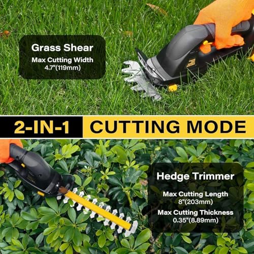 Cordless Hedge Trimmer (Tool Only), Compatible with DeWalt 20V MAX Battery, 2-in-1 Cordless Grass Shear 1500RPM, 3.3 lbs Handheld Shrub Clipper with Battery Protection, 8" & 4.7" Blades (Black) - Image 3