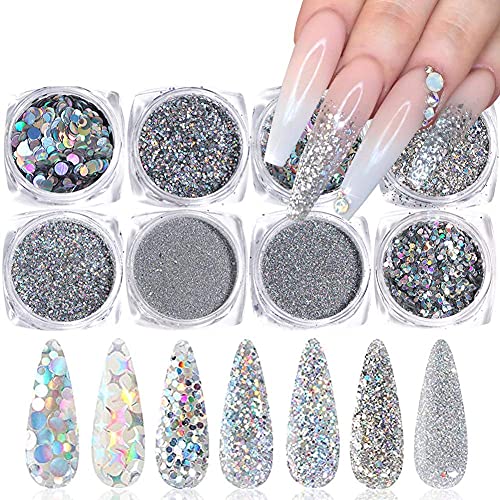 Holographic Nail Art Sequins Glitter Kits Silver Shining Flakes Nails Decoration Supplies DIY Design For women Manicure Charms Fashion Art accessories 8 Boxes