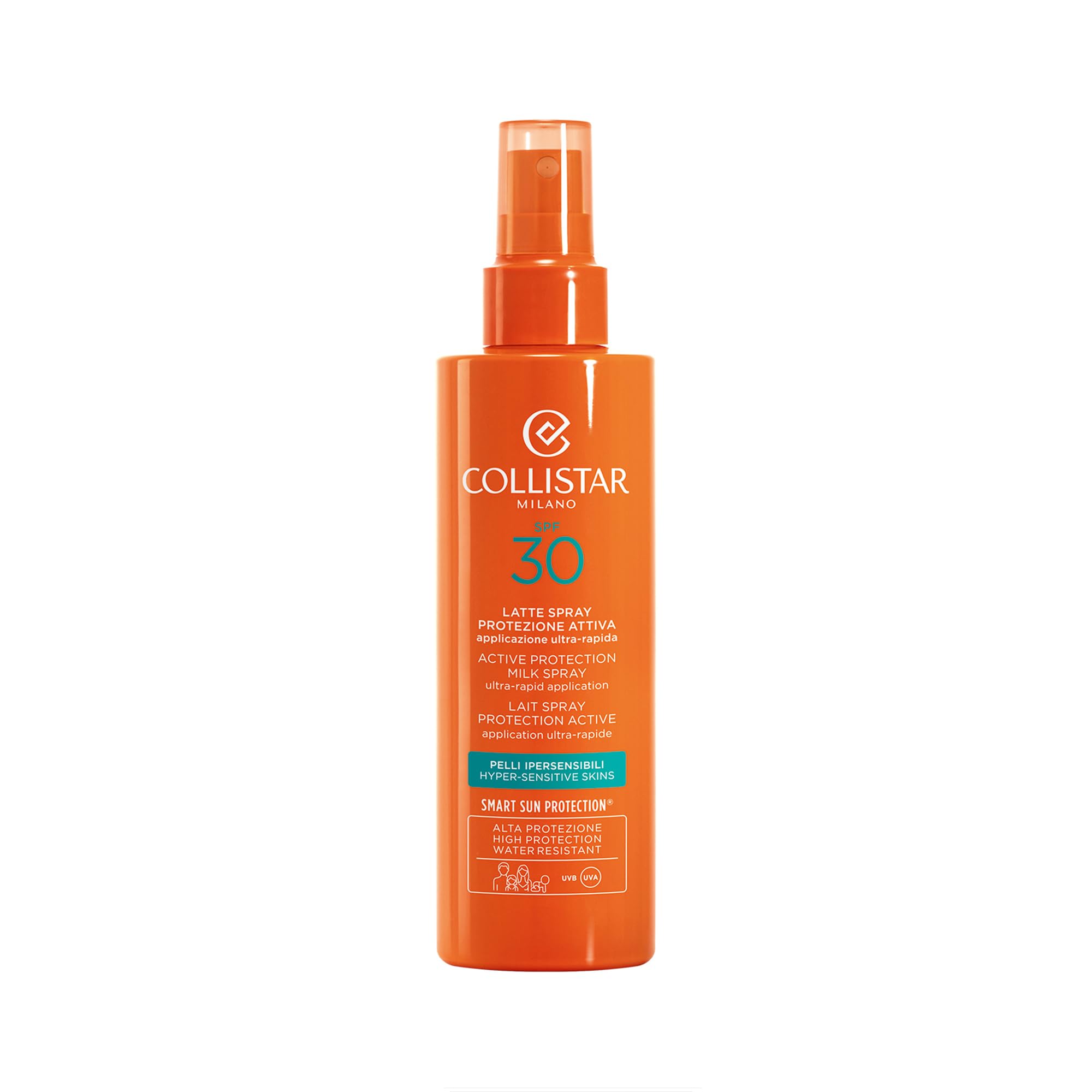 Collistar aktive Spray-Sonnenschutzmilch für hypersensible Haut, LSF 30, ideal für empfindliche/reaktive Haut, für Gesicht und Hals, wasserfest, 200 ml