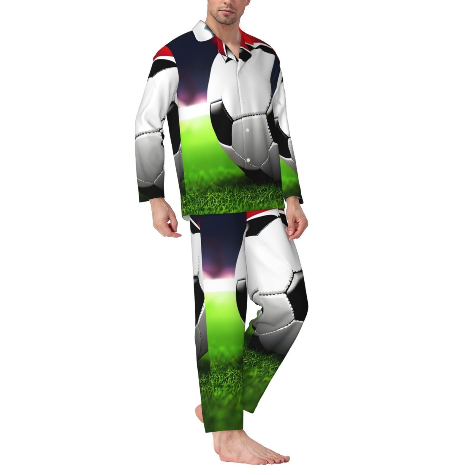 Conjunto de pijama de manga larga con estampado de balón deportivo de fútbol para hombre, ropa de dormir de dos piezas, ropa de dormir transpirable