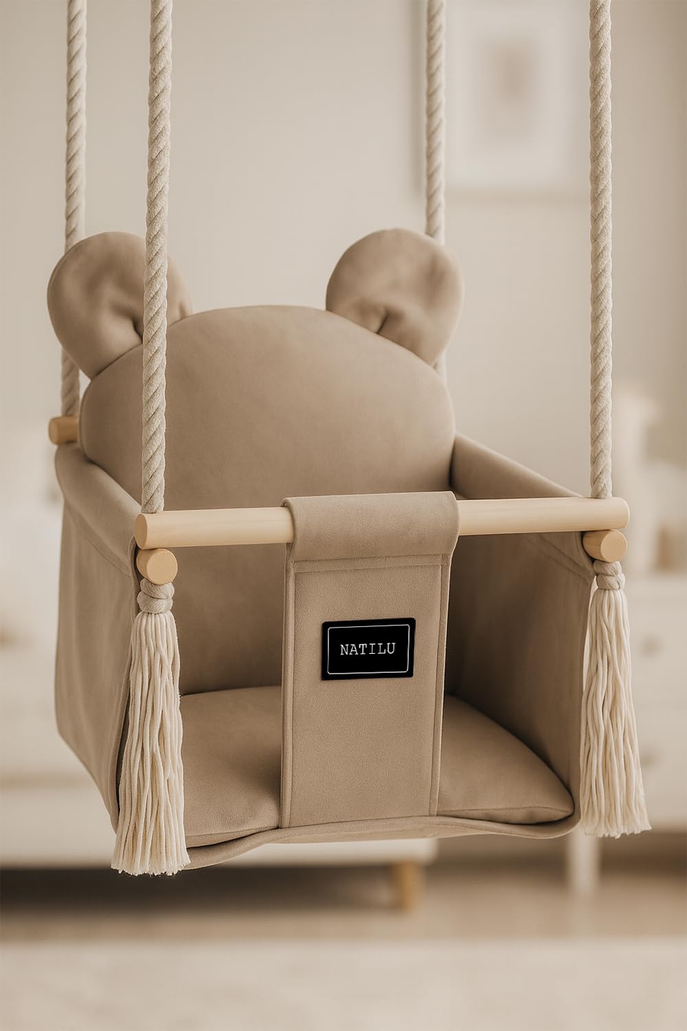 Altalena per bambini Bear Light Beige | altalena in legno per bambini | altalena con orsacchiotto | prodotto nell'Unione Europea