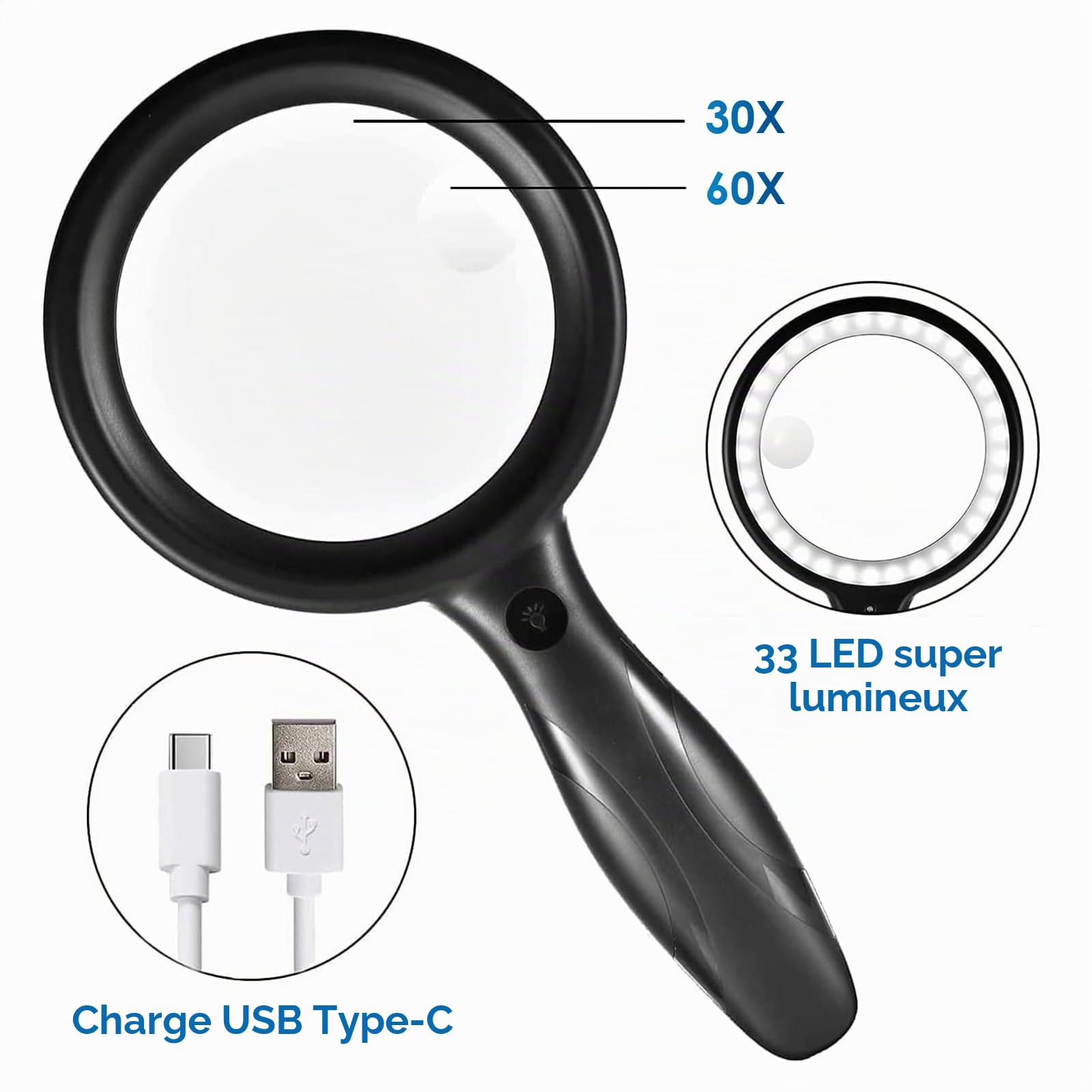 Loupe de Lecture 60X 30X 33LED USB Rechargeable avec Lumière 3 Modes