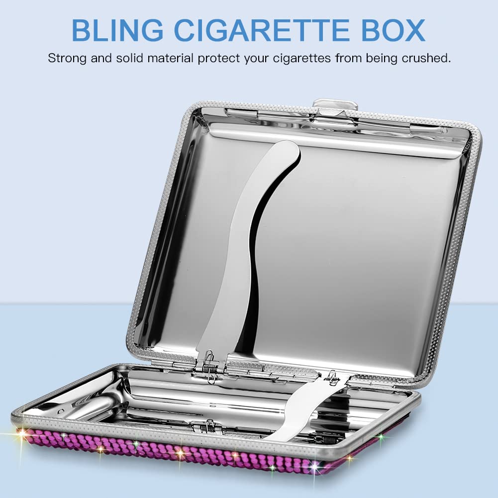SAVORI Cigarette Case for Women Men, Metal Cigarette Holder Bling Crystal Double Sided Cigarette Box for 20 Cigarettes Gift for Smoker (Pink)