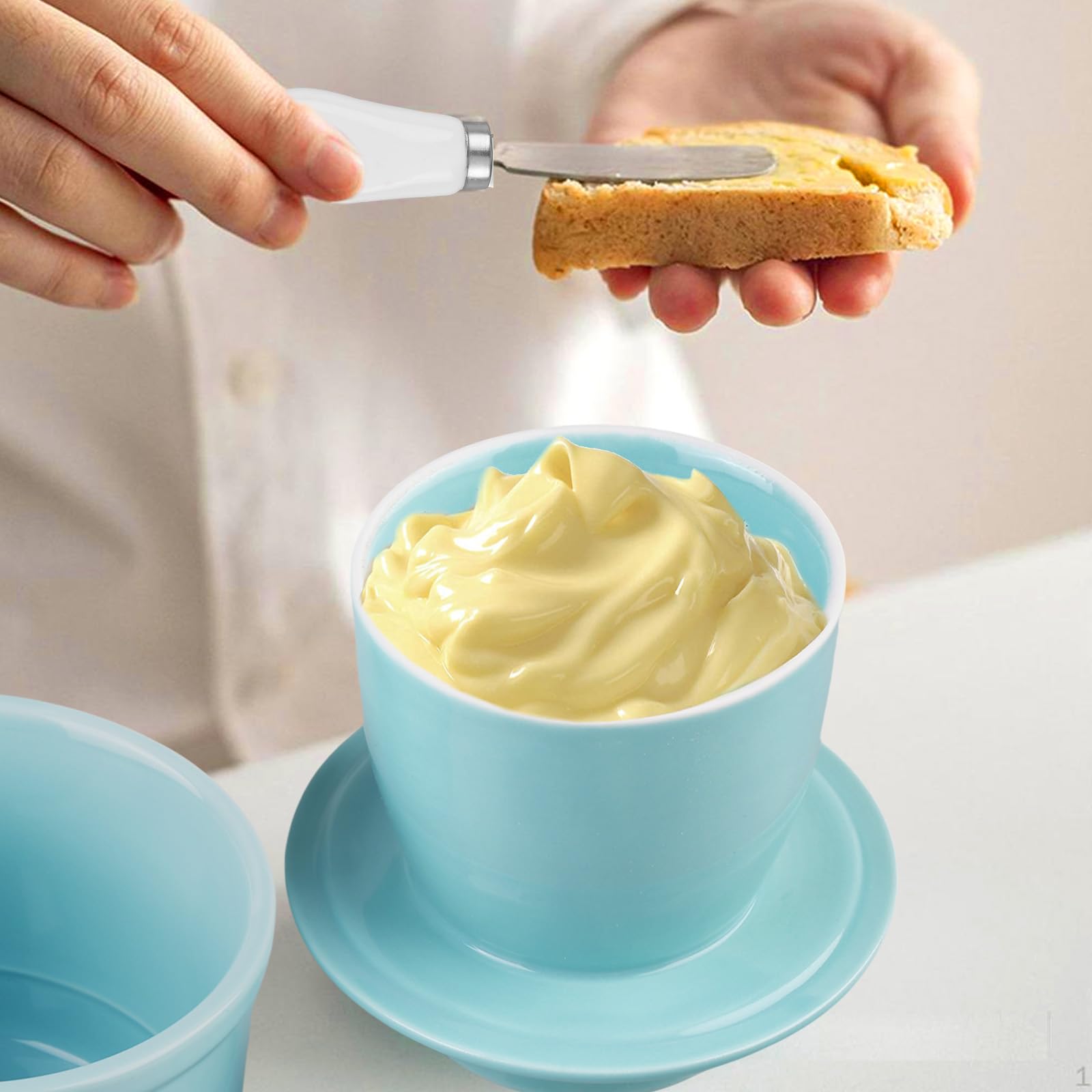 Pot à Beurre Français En Porcelaine Avec Couvercle Et Couteau - Beurrier Eau Bleu