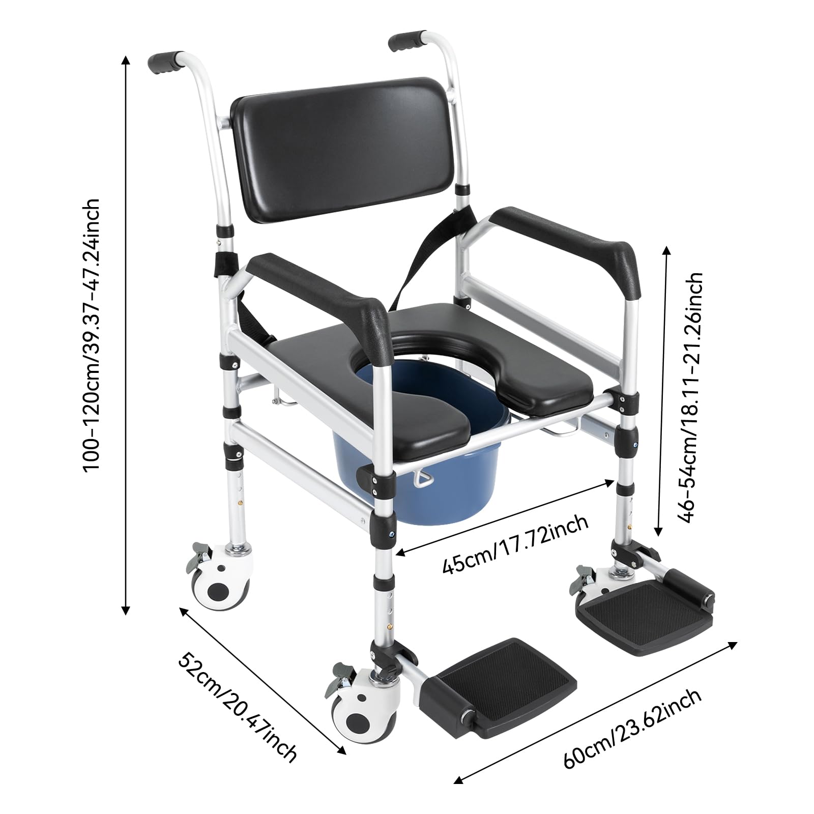 Regolabile Sedia per Doccia Anziani con Ruote e freni Larghezza 45cm, altezza 46-54cm, 160 kg, Multifunzione Doccia Pieghevole con Cinture di sicurezza, Freni, Comoda WC per Anziani