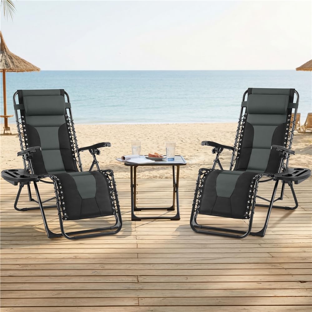Yaheetech Tumbonas Jardin Exterior Silla Reclinables de Cero Acolchada Tumbona Plegable Tumbona Playa para Piscina con Portavasos Negro/Gris Carga Máxima: 114 kg