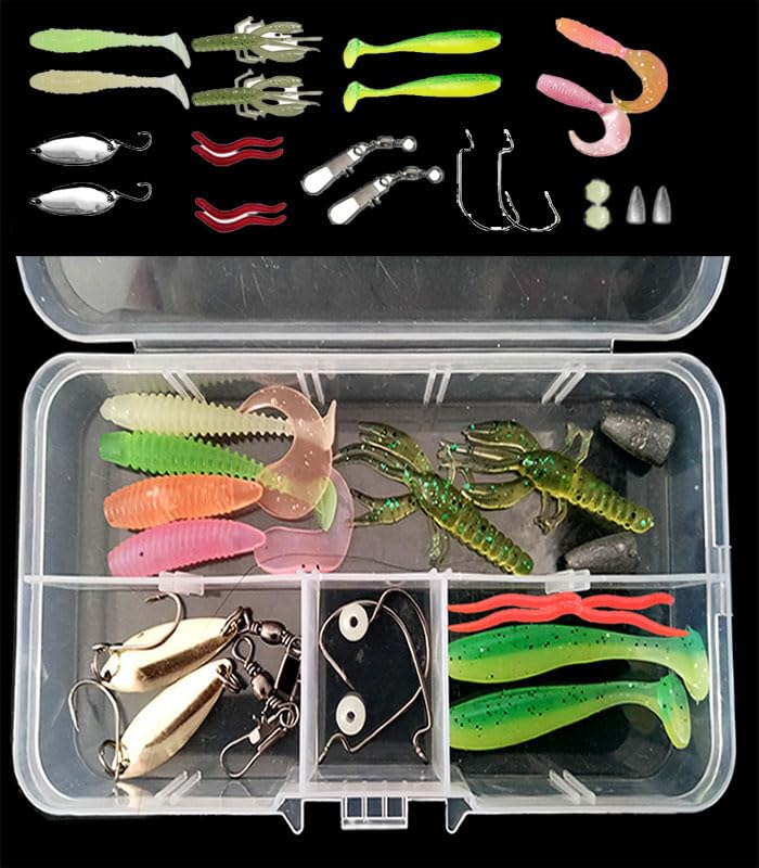 Kit de 23 iscas de pesca para água superior com estojo organizado, kit de equipamentos de ganchos de pesca para robalo de água doce truta salmão, acessórios de pesca, incluindo iscas de colher de