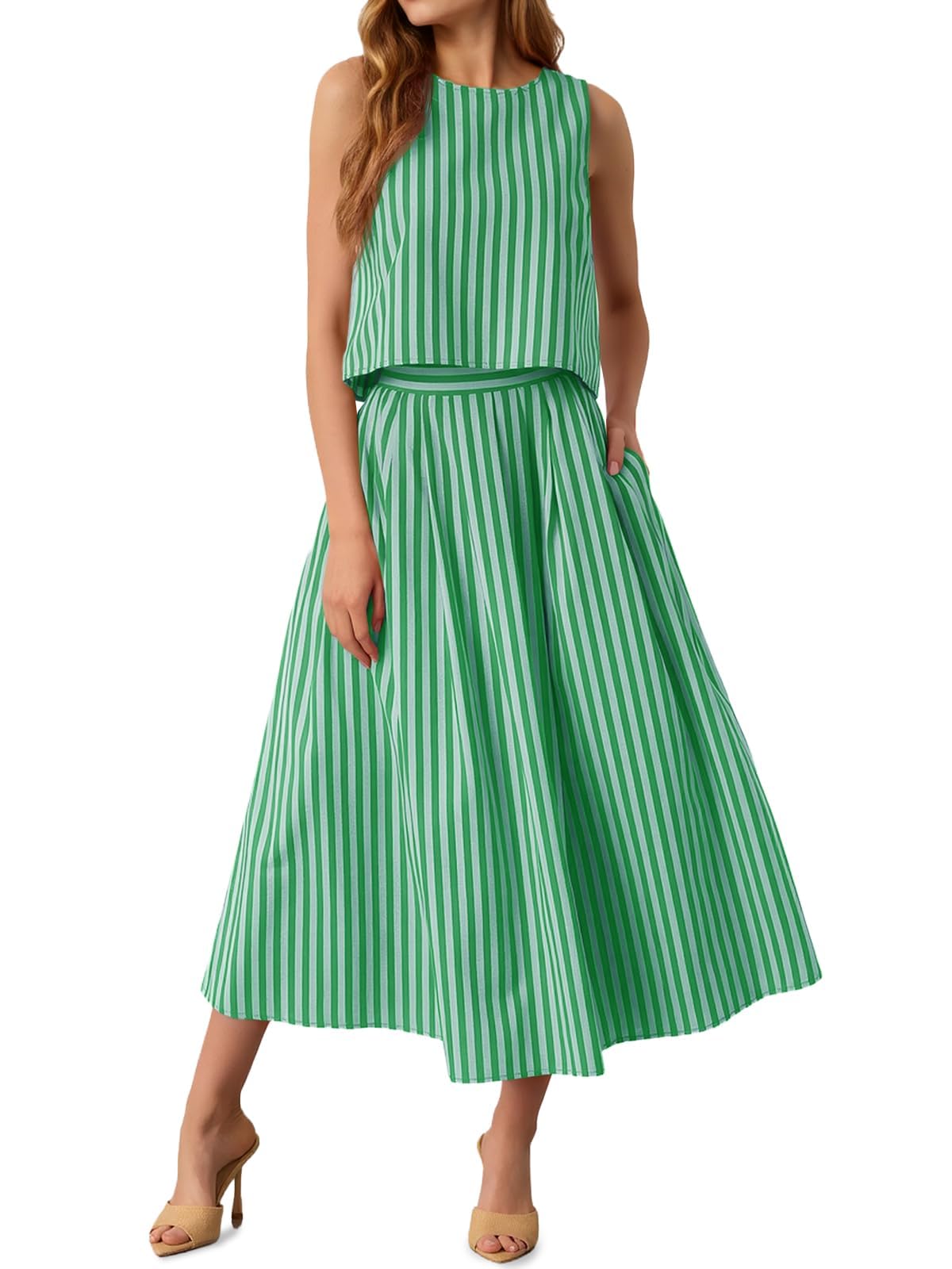 Tankaneo Womens 2 Piece Skirt Sets Summer Striped Tank Tops Midi Dress 2026