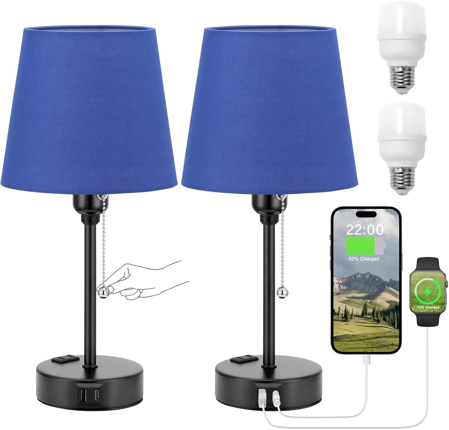 Acaxin Blue Bedside Lamps for Bedrooms Set of 2 Table Nightstand Lamp