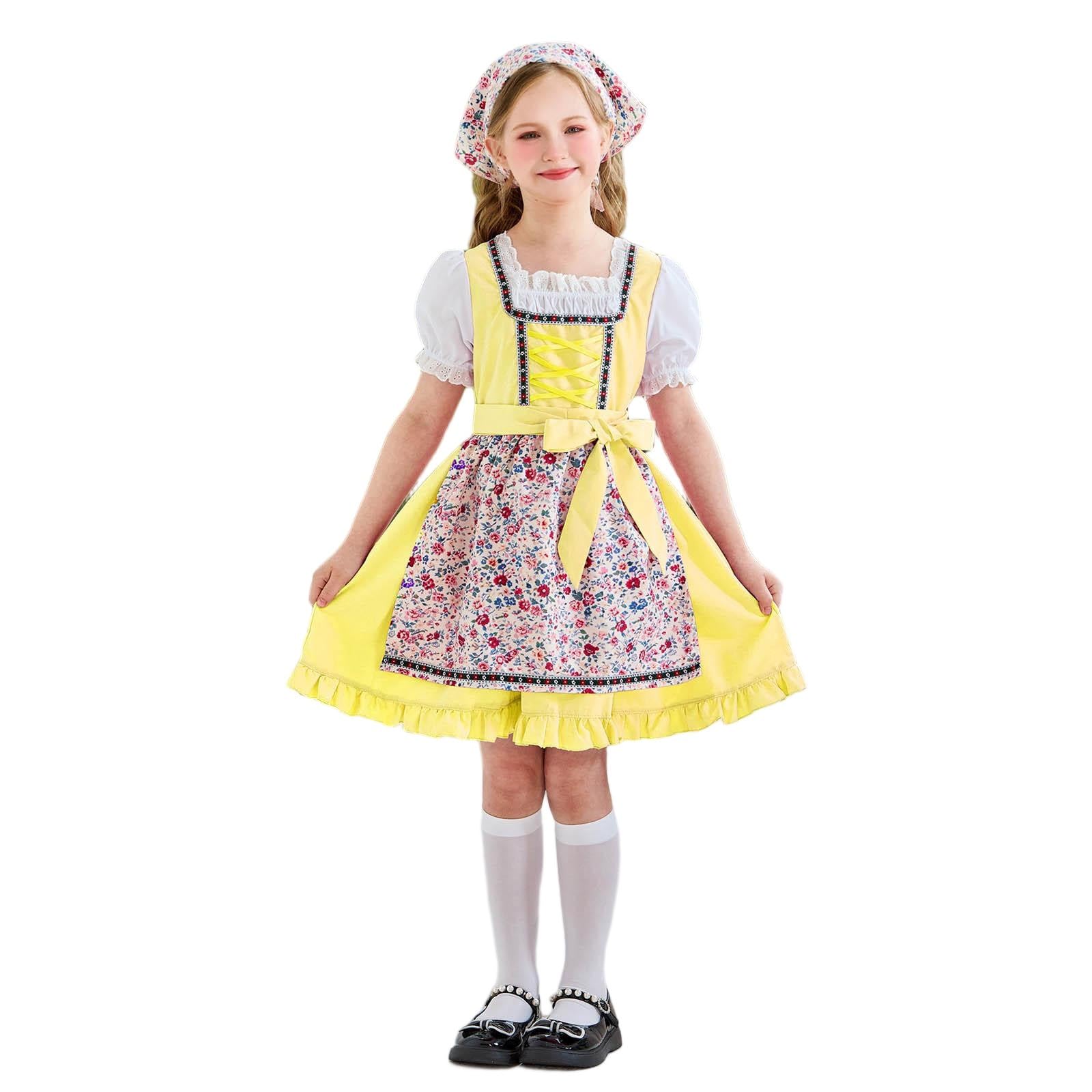Slxbear Girls Dirndl Dress Kids Oktoberfest Costume Bavarian Beer Festival Dresses Traditional Printed Maid Apron Halloween Cosplay Outfits Retro Short Sleeve Flower Cute Maid Dress 7-8 Years Yellow