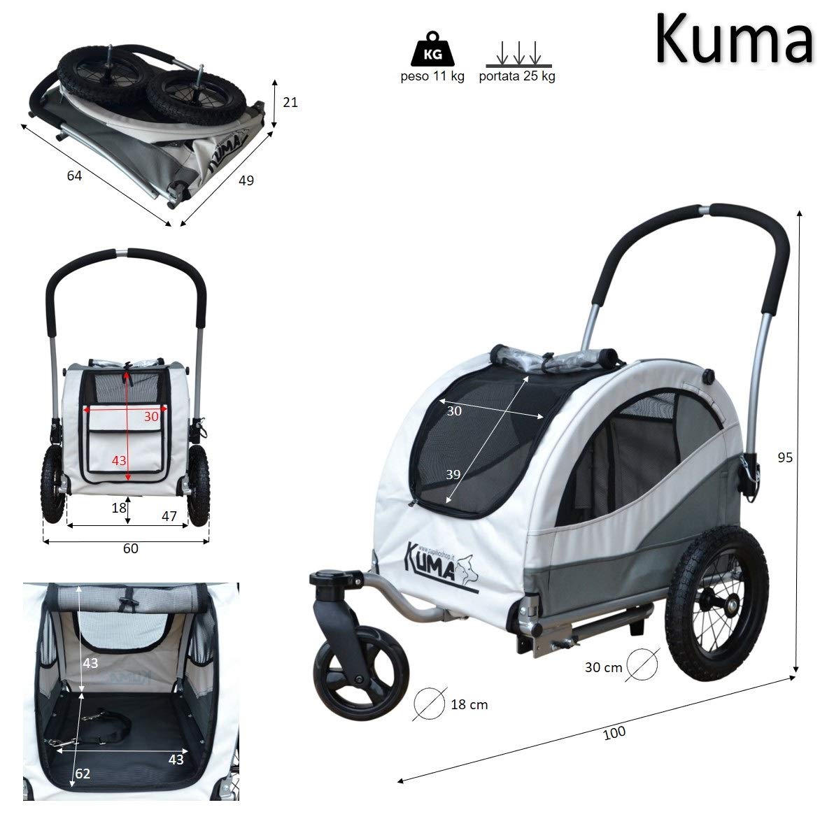 PAPILIOSHOP KUMA: Rimorchio Multifunzionale per Bici e Passeggino - Trasporto Sicuro di Cani, Gatti e Animali Domestici, Ideale per Escursioni, Campeggio e Attività All'Aperto