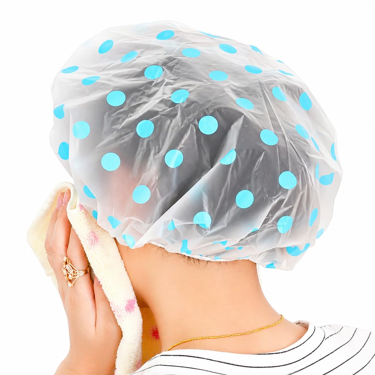 Shower Cap Set of 6 for Women Reusable Waterproof Eva Bath Caps Free Size Elastic Hair Cover for Bathroom Spa Salon Beauty Parlor and Home Use Multicolored Polka Dot Design Multi Design-image-41